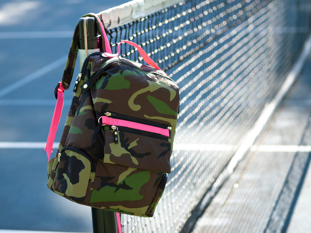 Water resistant ANDI nylon Backpack in Camo with Hot Pink