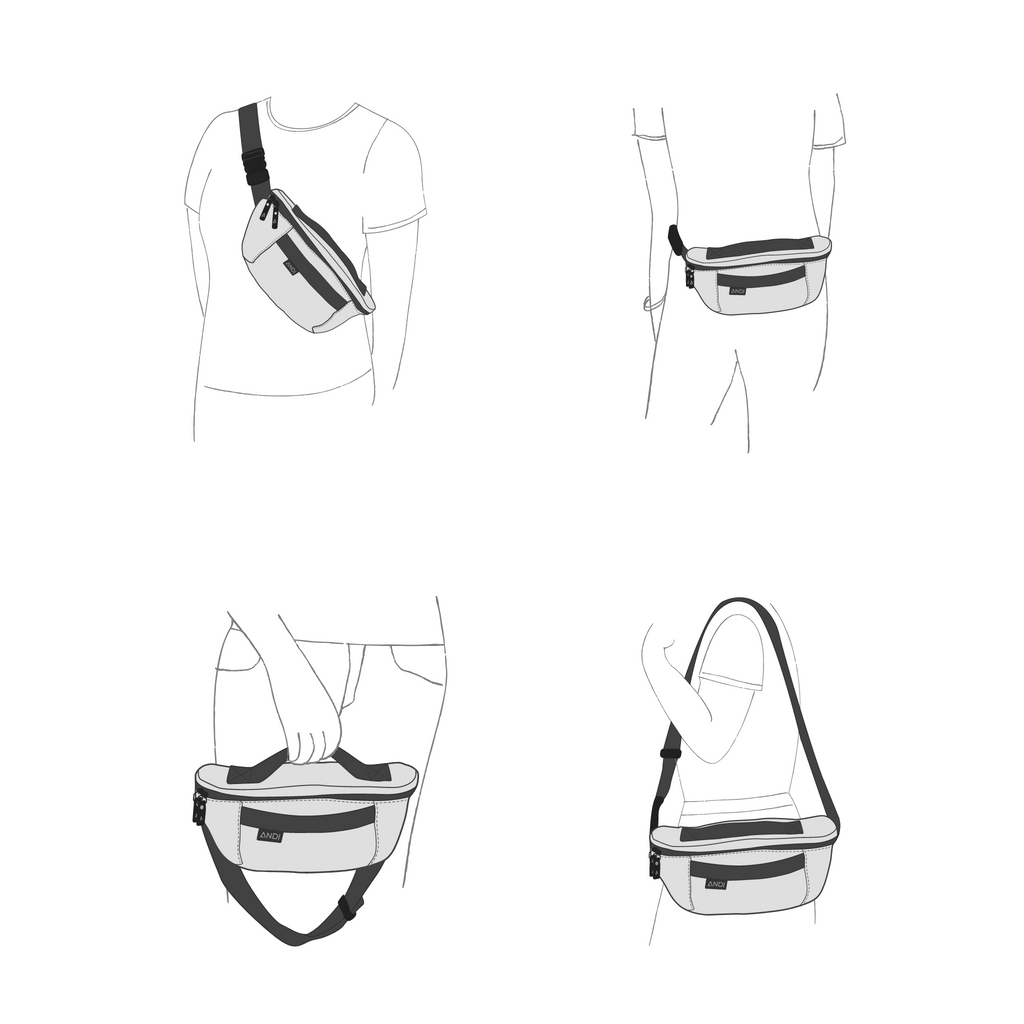 Diagram showing different ways to carry ANDI Waist-pack | water resistant nylon