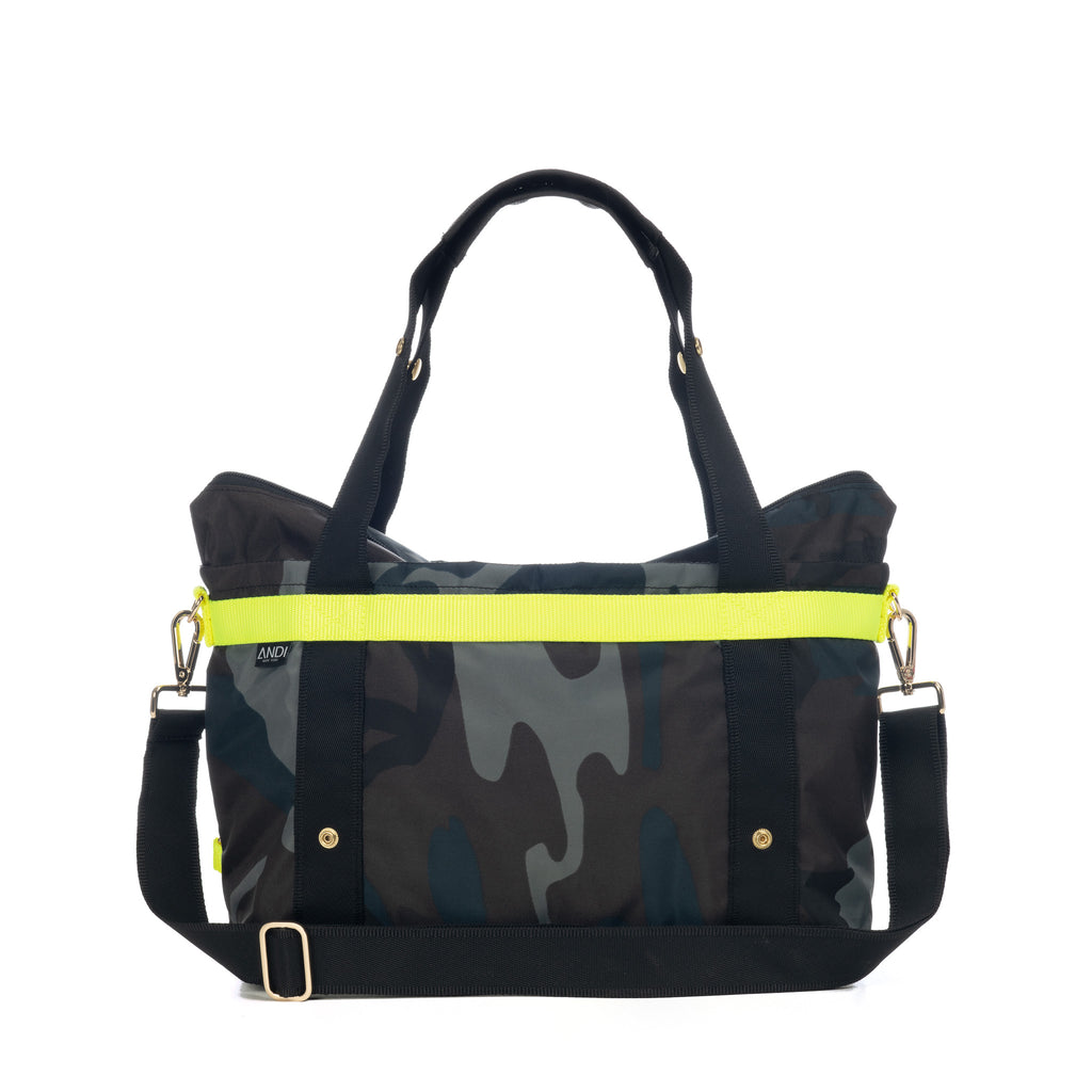 Lightweight ANDI Small crrossbody tote that converts to backpack | Blue camo with hot yellow webbing