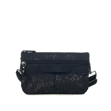 ANDI handheld convertible nylon purse in Black Leopard print with removable and adjustable straps