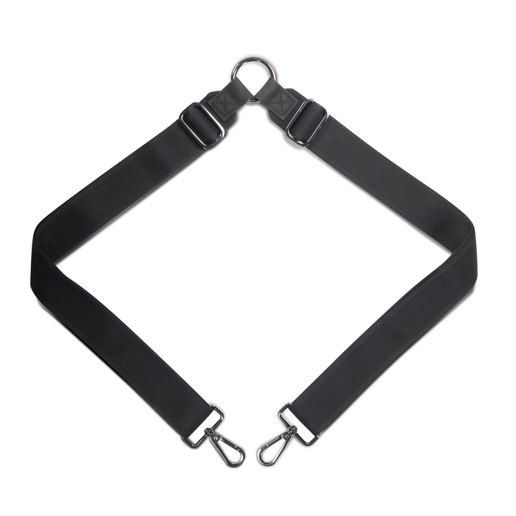 Long nylon black crossbody strap that converts ANDI tote into a backpack | Silver hardware