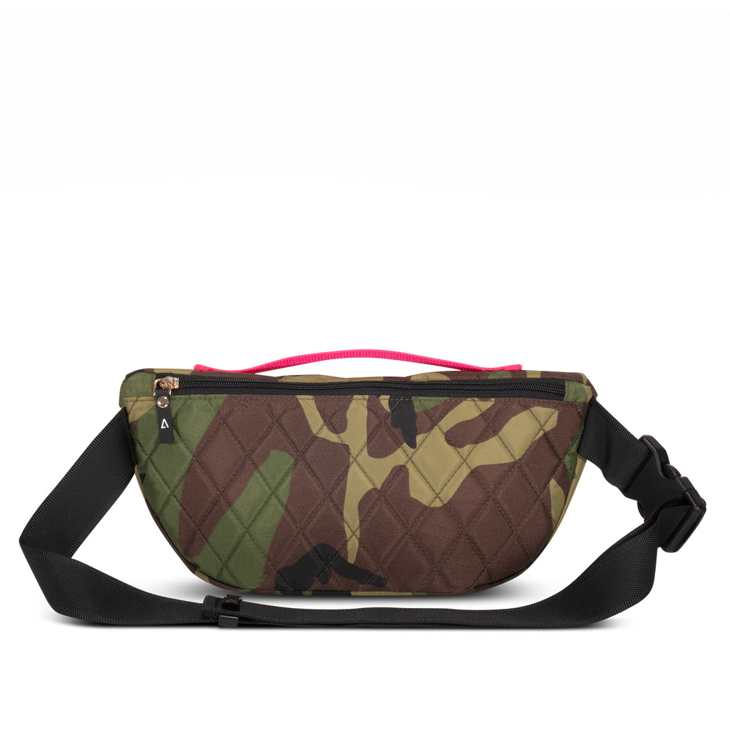 Fashion hip pack with structured back wall and grab handle | Camo with hot pink | ANDI Brand
