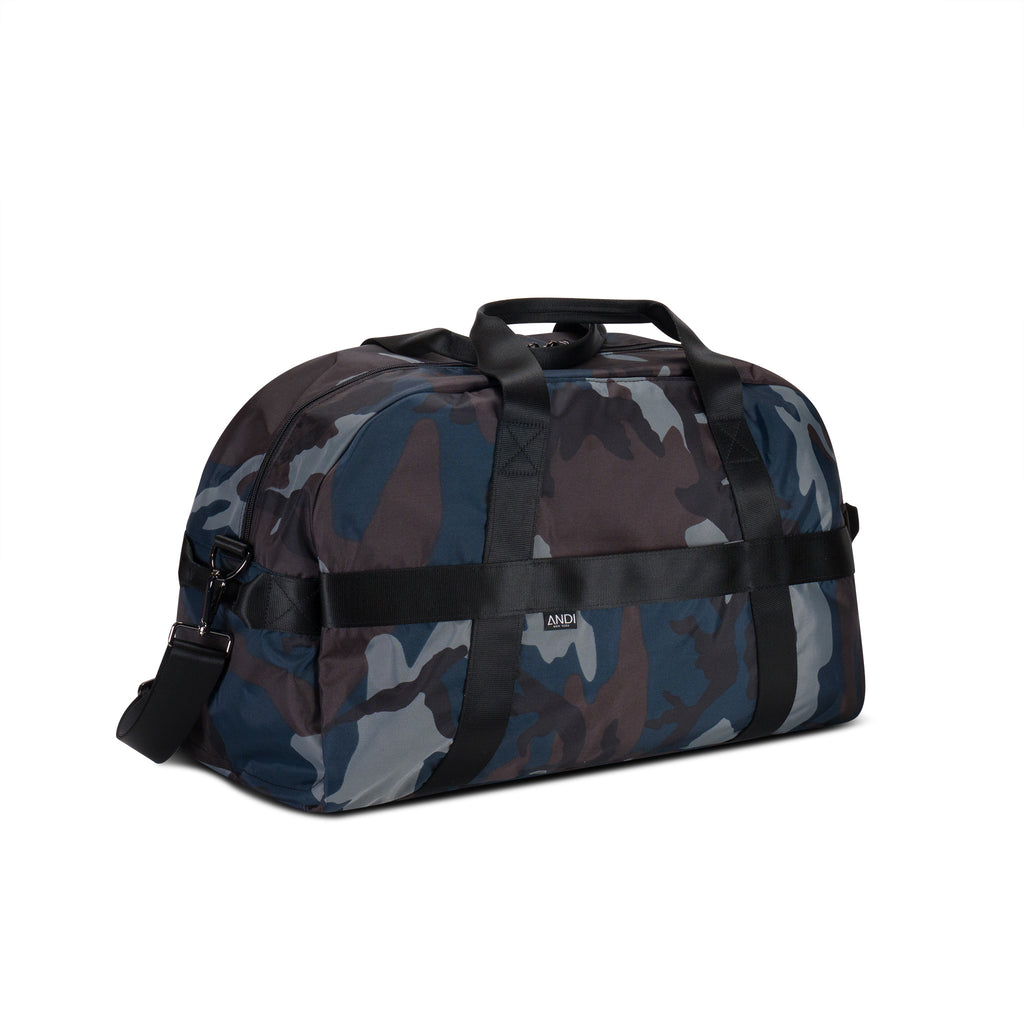 Water resistant Nylon large travel duffel in grey camo | ANDI unisex travel bag