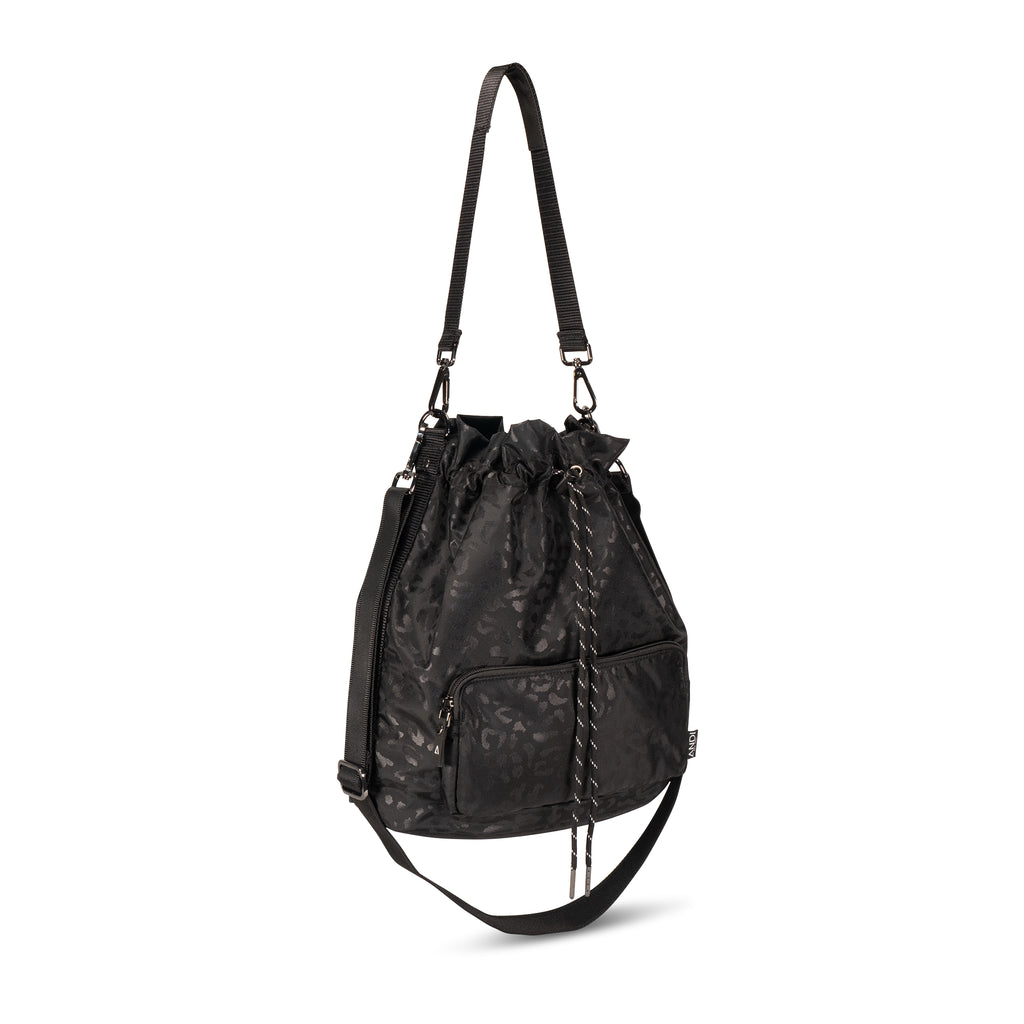 Womens cross-body bucket bag in black leopard print | ANDI nylon gym bag