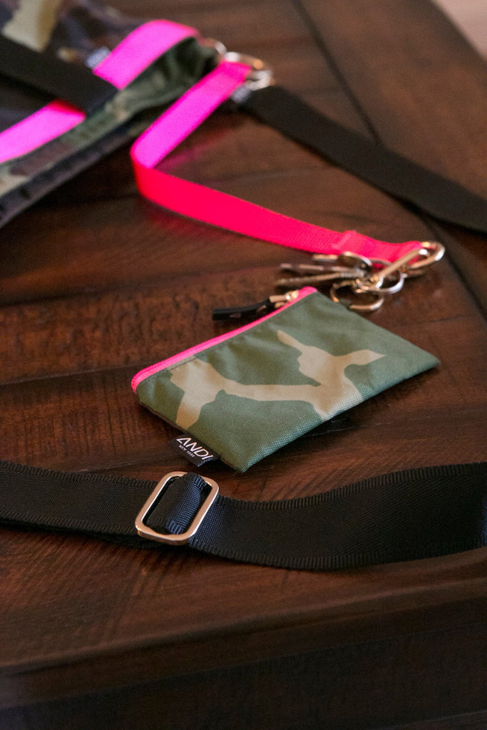 ANDI hot pink key leash, wallet and tote bag in camo