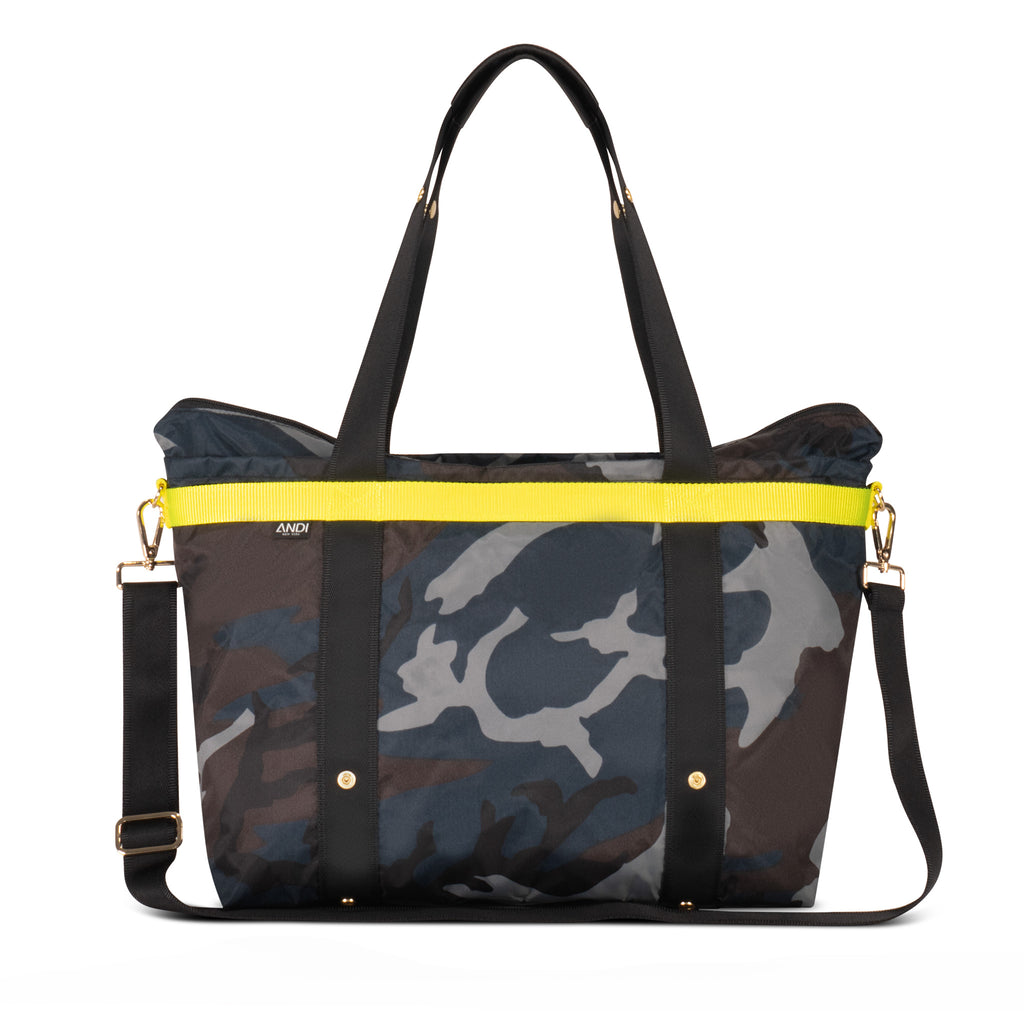 Large blue camo travel bag with adjustable strap | front view | Convertible tote | ANDI