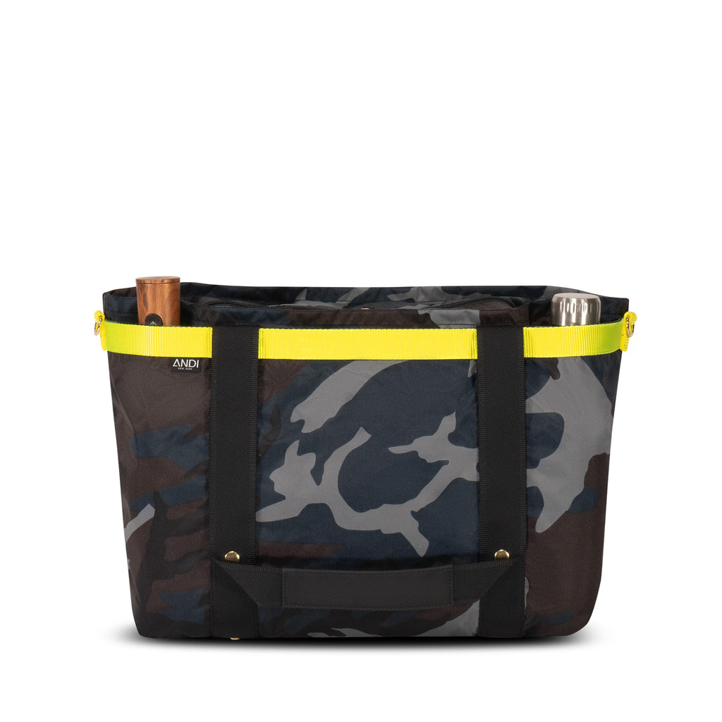 Blue camouflage large convertible travel tote with hot yellow trim | ANDI Brand