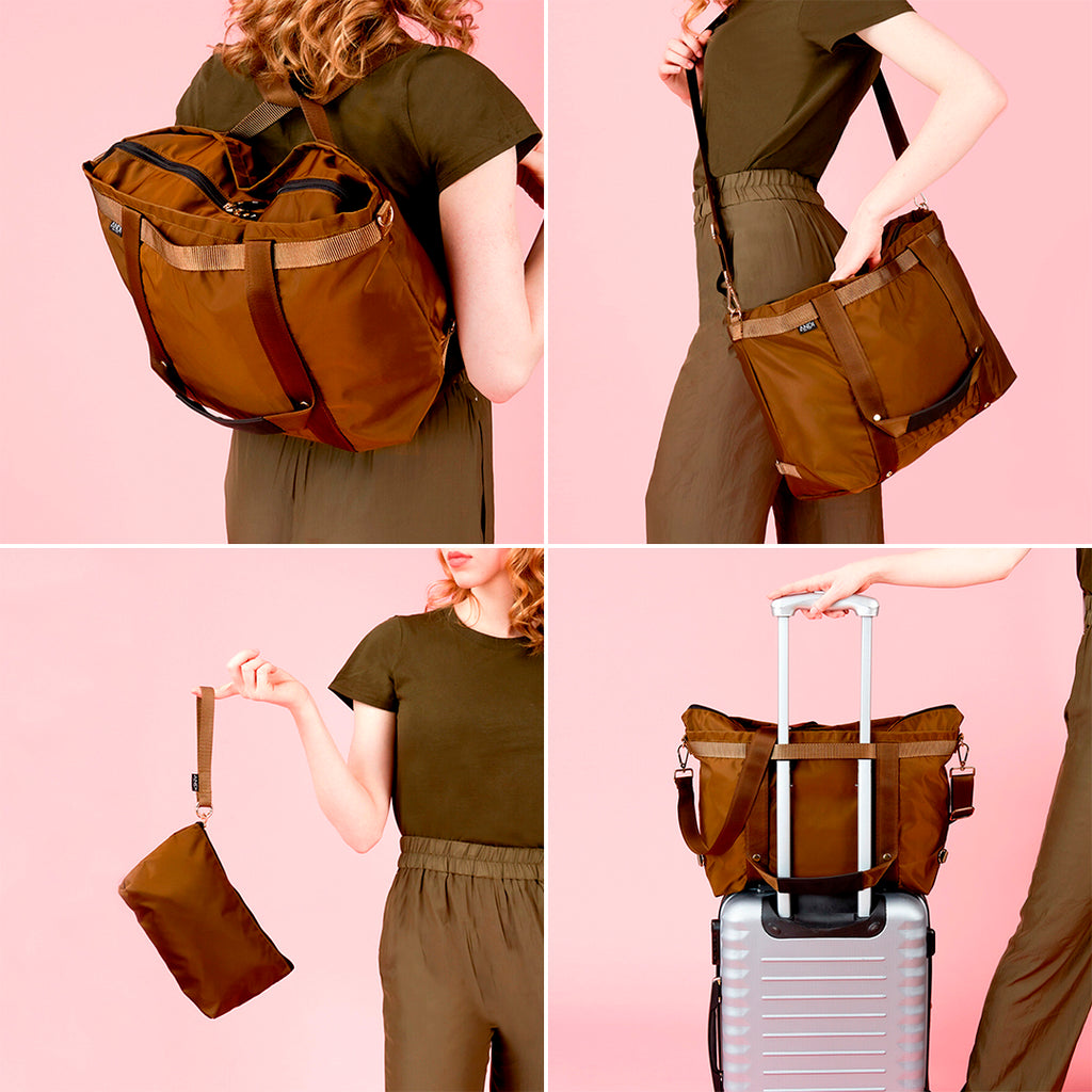 Model showing different ways to wear the convertible ANDI Large Tote | Nylon travel bag