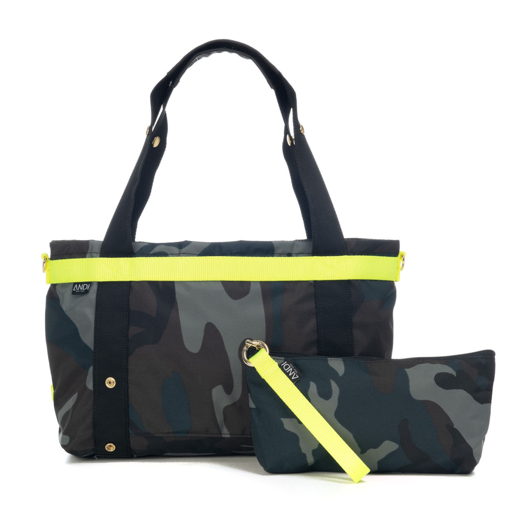 ANDI Small convertible nylon crossbody tote with snap-out wristlet in grey camo with hot yellow trim