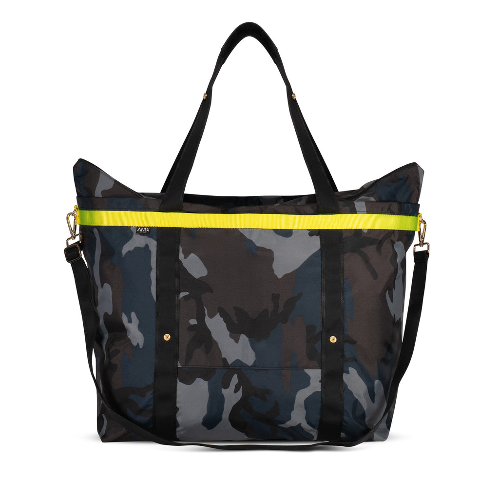 Convertible extra large travel tote in Camouflage with hot yellow trim | ANDI Brand