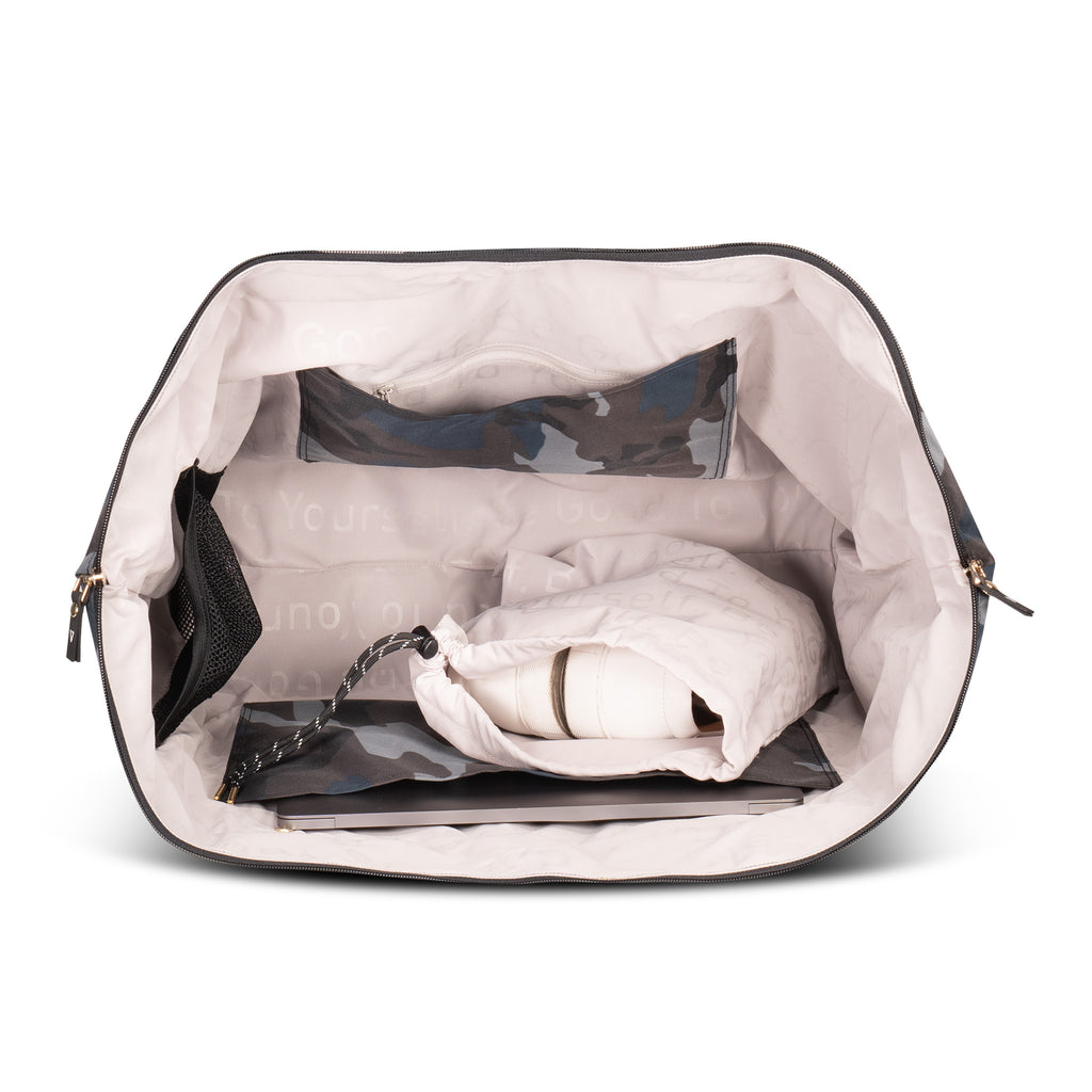 Inside view of the ANDI Weekender travel tote in grey Camouflage