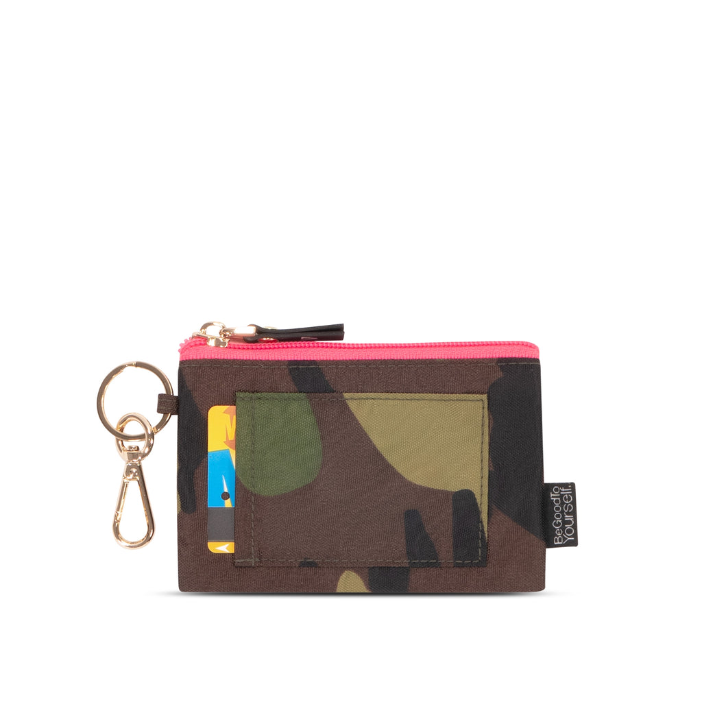 Nylon card holder keychain pouch in camo with hot pink | Key ring and dog clip | ANDI Wallet