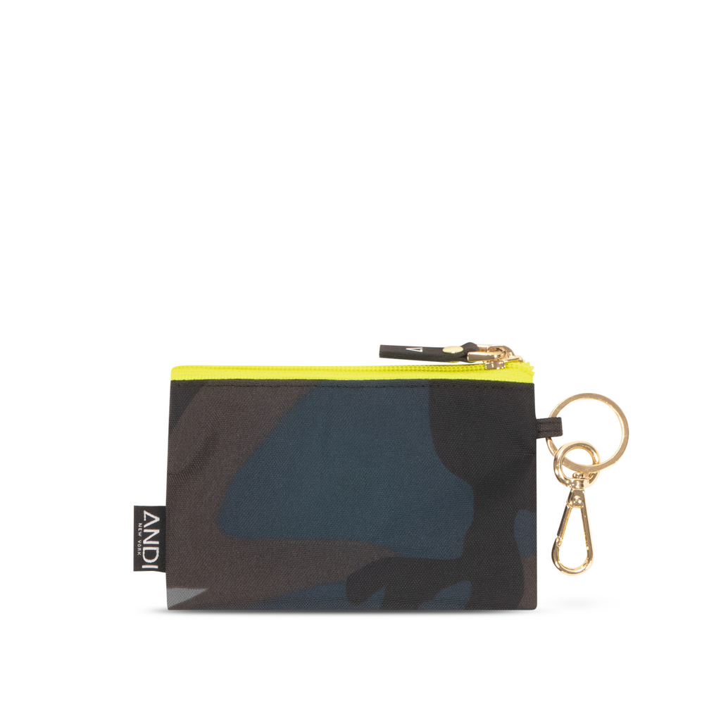 Blue camo nylon wallet pouch with key ring and clip | Neon Yellow | ANDI Brand