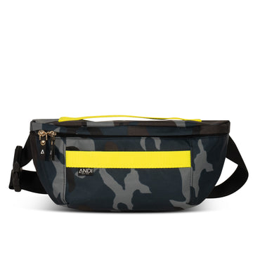 Large nylon fanny pack with hot yellow strap | grab handle | ANDI blue camo