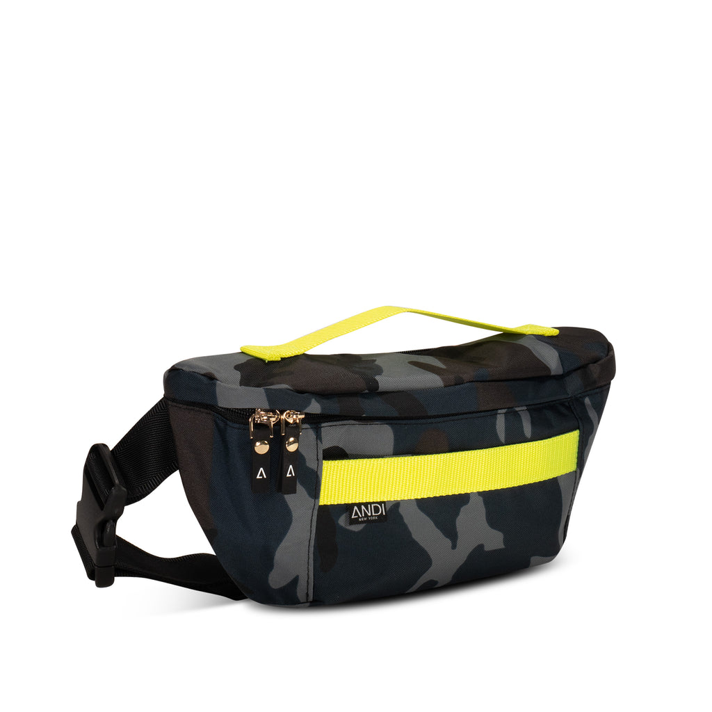 Luxury fanny pack in blue camo with neon yellow webbing ANDI Brand