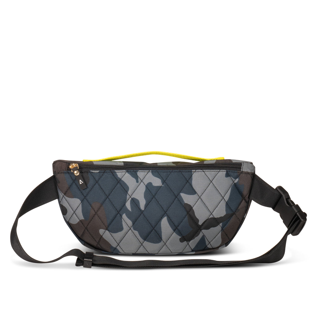 ANDI nylon hip pack with structured back wall and large hidden back zipper section | Blue camo with neon yellow