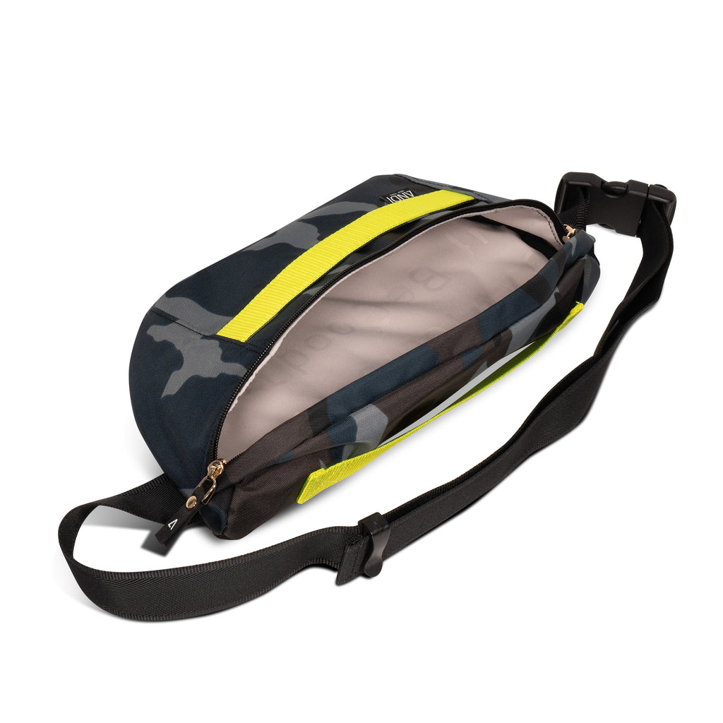 Water resistant nylon fanny pack in grey camo with neon yellow | ANDI Brand