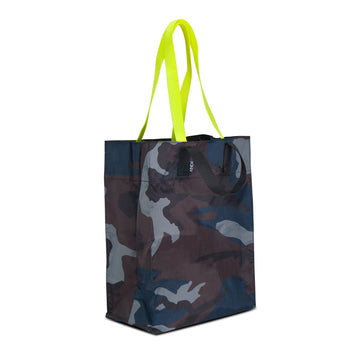 ANDI nylon water resistant market shopper bag that can be machine washed | Blue camo with neon yellow