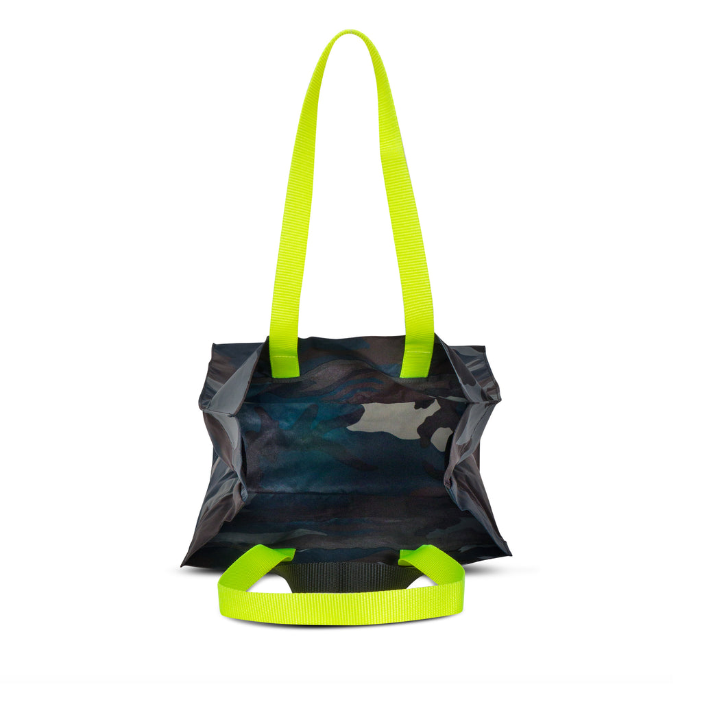 Reusable nylon tote for market | Blue camo with neon yellow straps | ANDI Brand