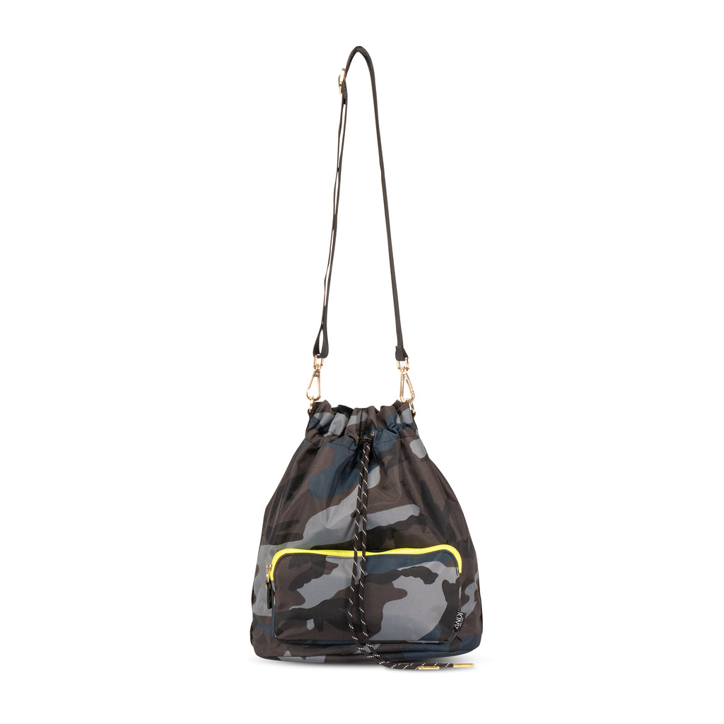 Luxury shoulder bucket bag with removable crossbody strap | Blue Camo with neon yellow | ANDI