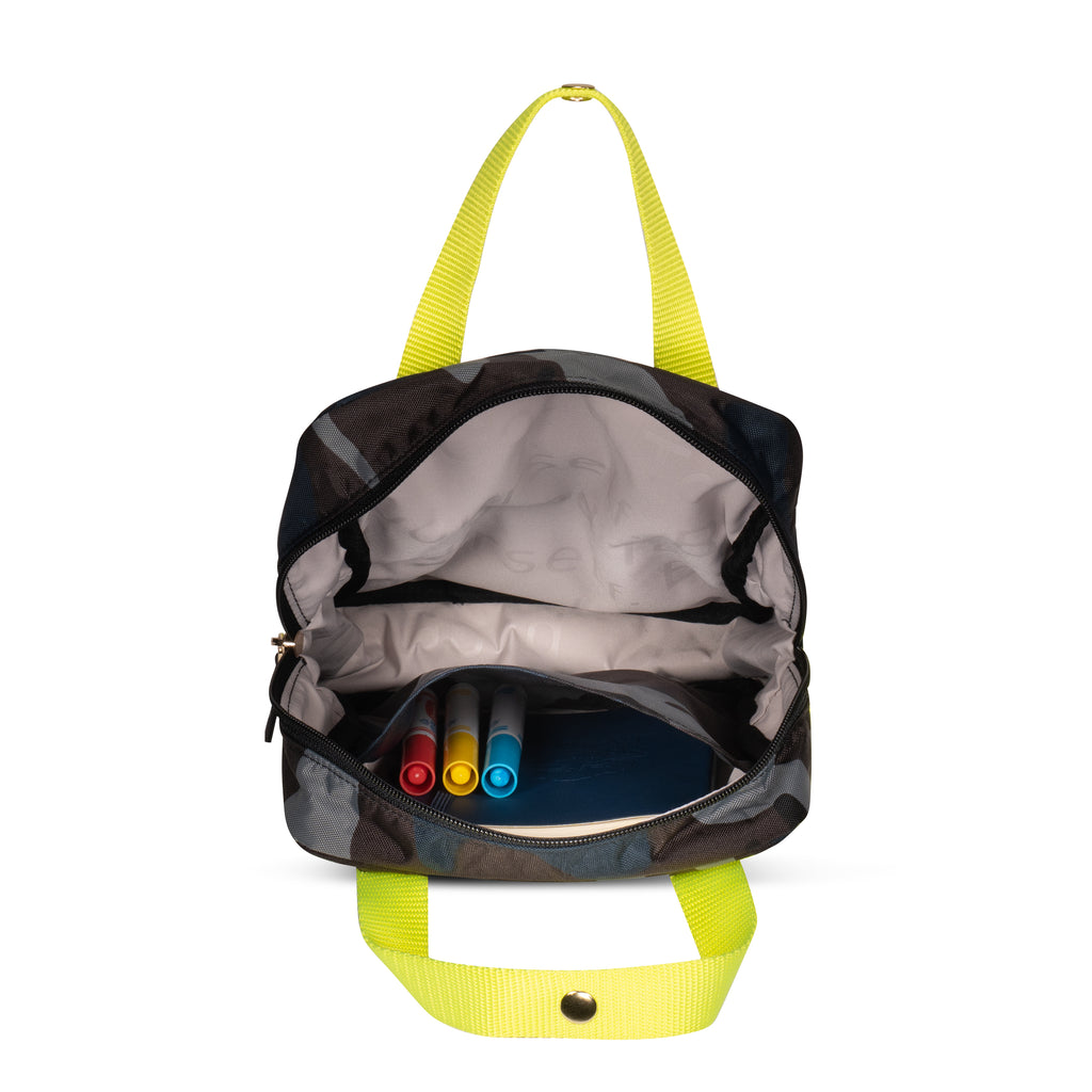 Kids water resistant backpack in grey camo with neon yellow Top carry handles | ANDI nylon mini bag