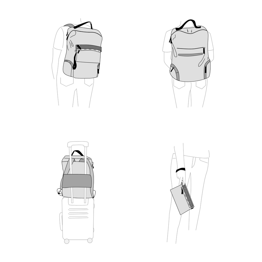 Diagram showing ways to wear ANDI nylon laptop backpack