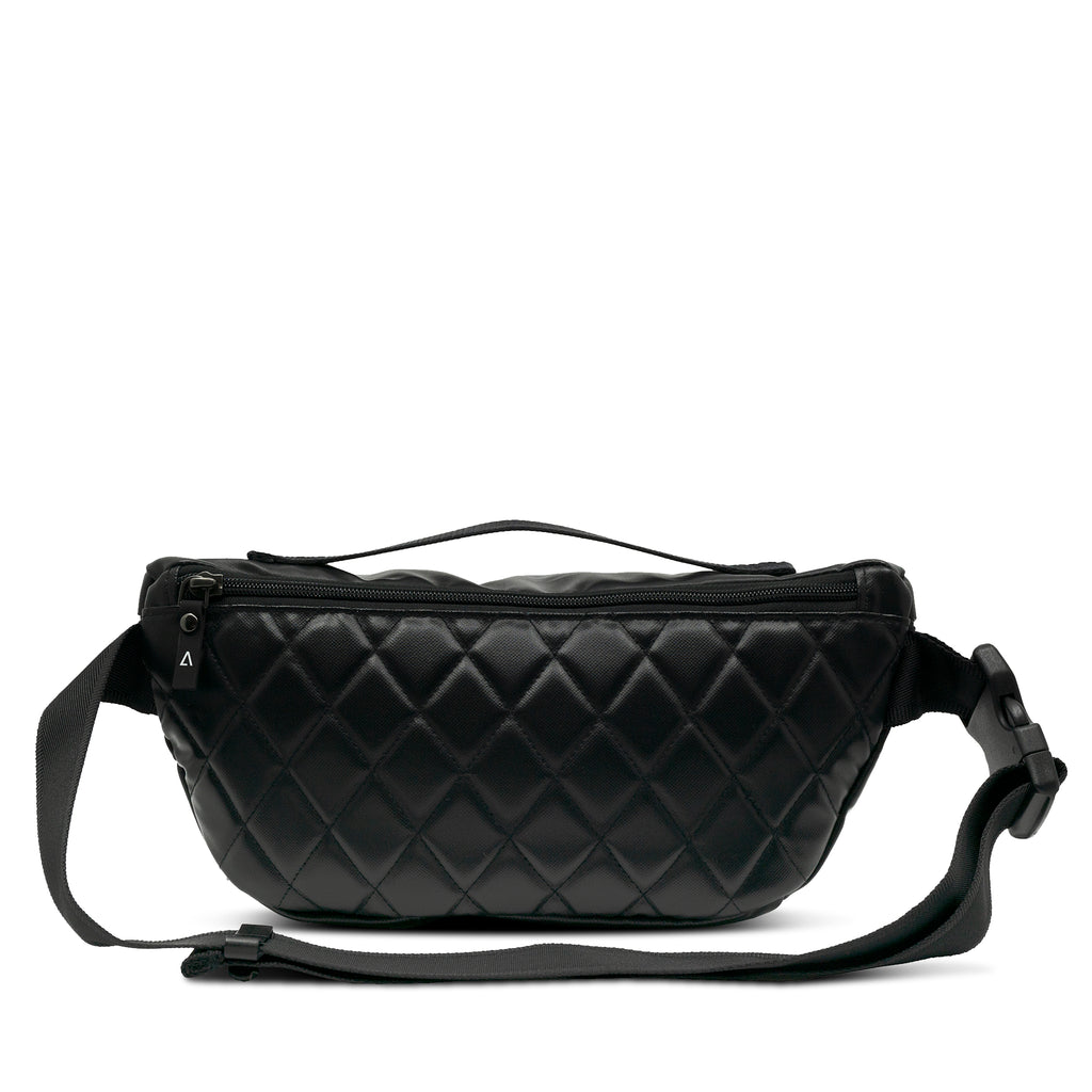 Quilted and structured back wall of ANDI bum bag in Onyx Un-Leather | Polyester | Water resistant