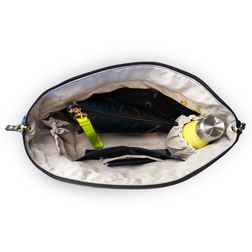 Inside view of the ANDI Small tote in blue camo | Neon yellow