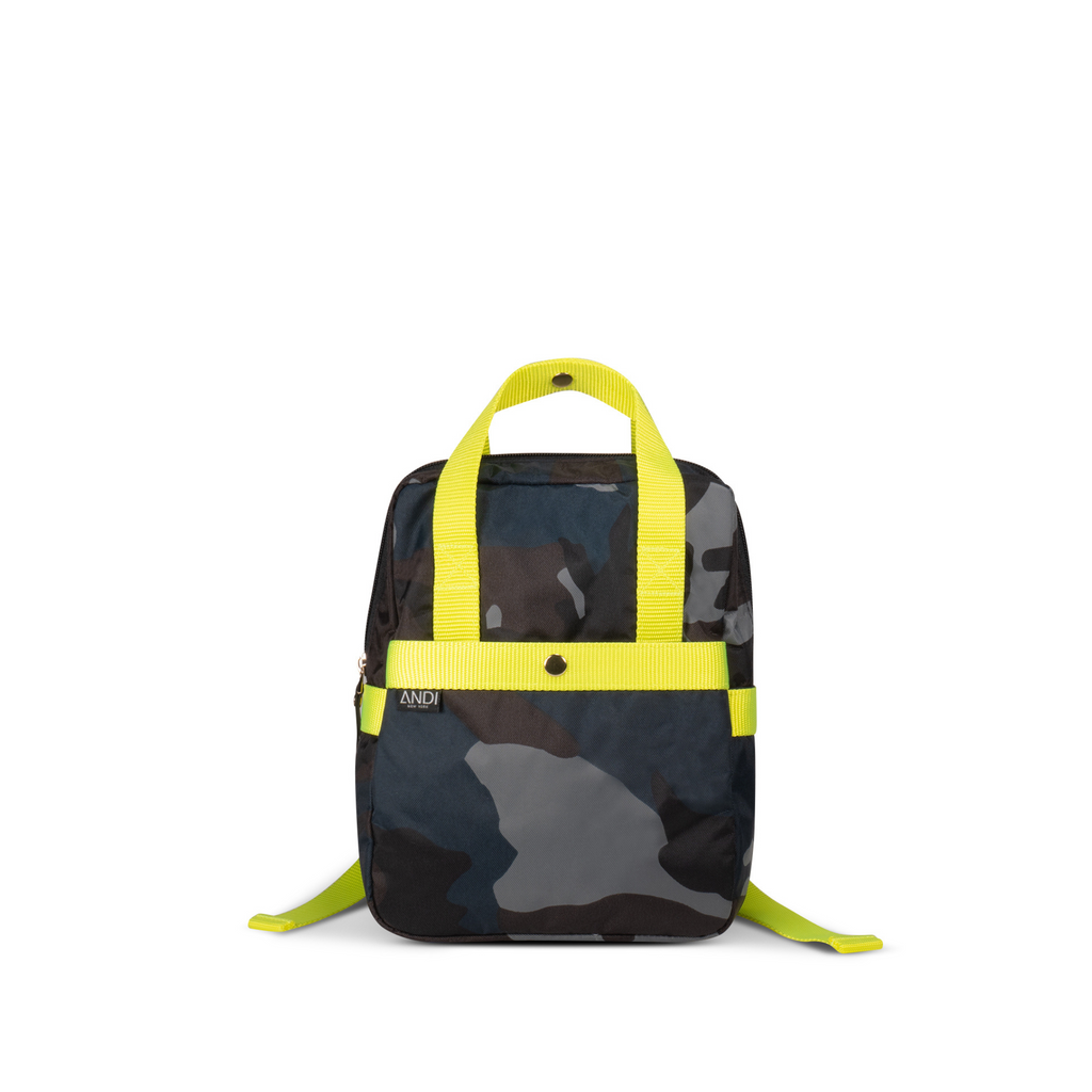 Small nylon backpack for kids in blue camo with neon yellow | ANDI Brand