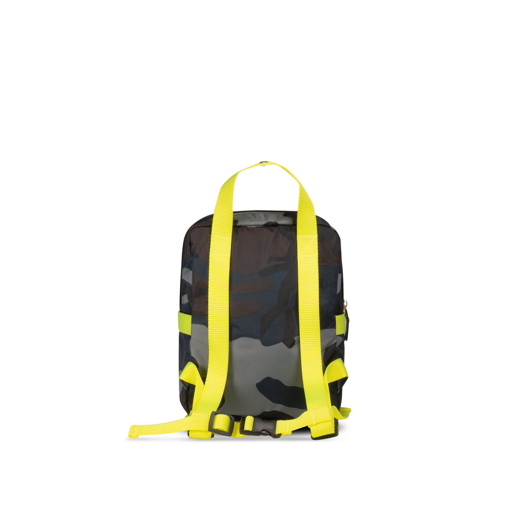 Small kids backpack in blue camo with neon yellow straps | ANDI Brand