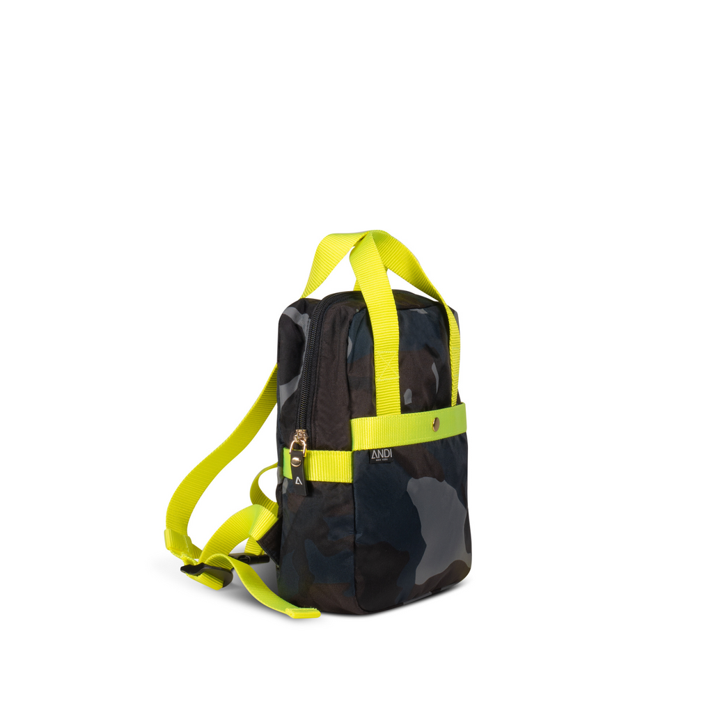Kids small backpack in blue camo nylon with neon yellow straps | ANDI Brand
