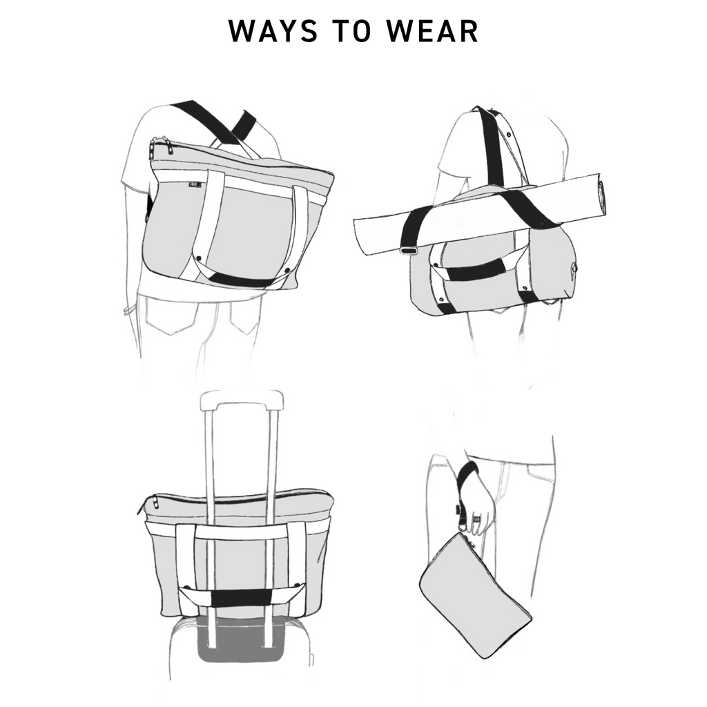 Diagram showing different ways to carry ANDI Small nylon tote that converts to backpack