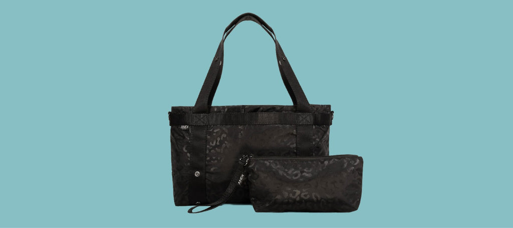 the ANDI small convertible nylon tote in black leopard print | water resistant