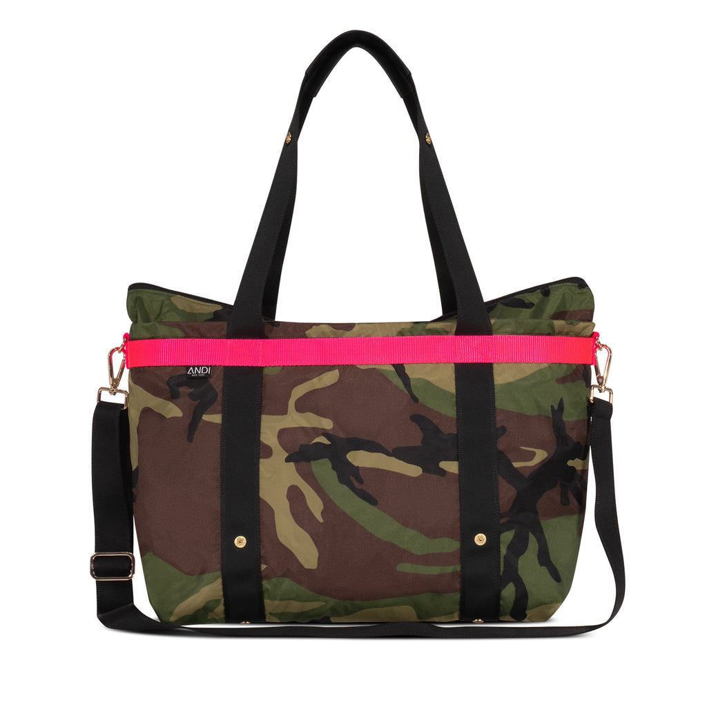 Front view of large camo travel tote that converts to backpack | ANDI Brand