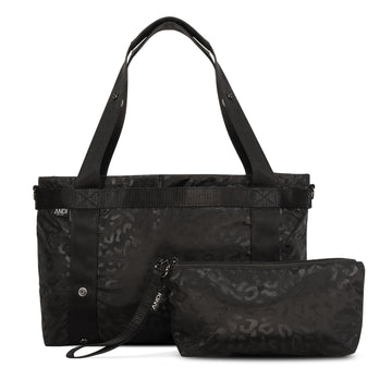 ANDI Small convertible crossbody tote | Backpack | cupholder pockets | Black leopard print water resistant nylon