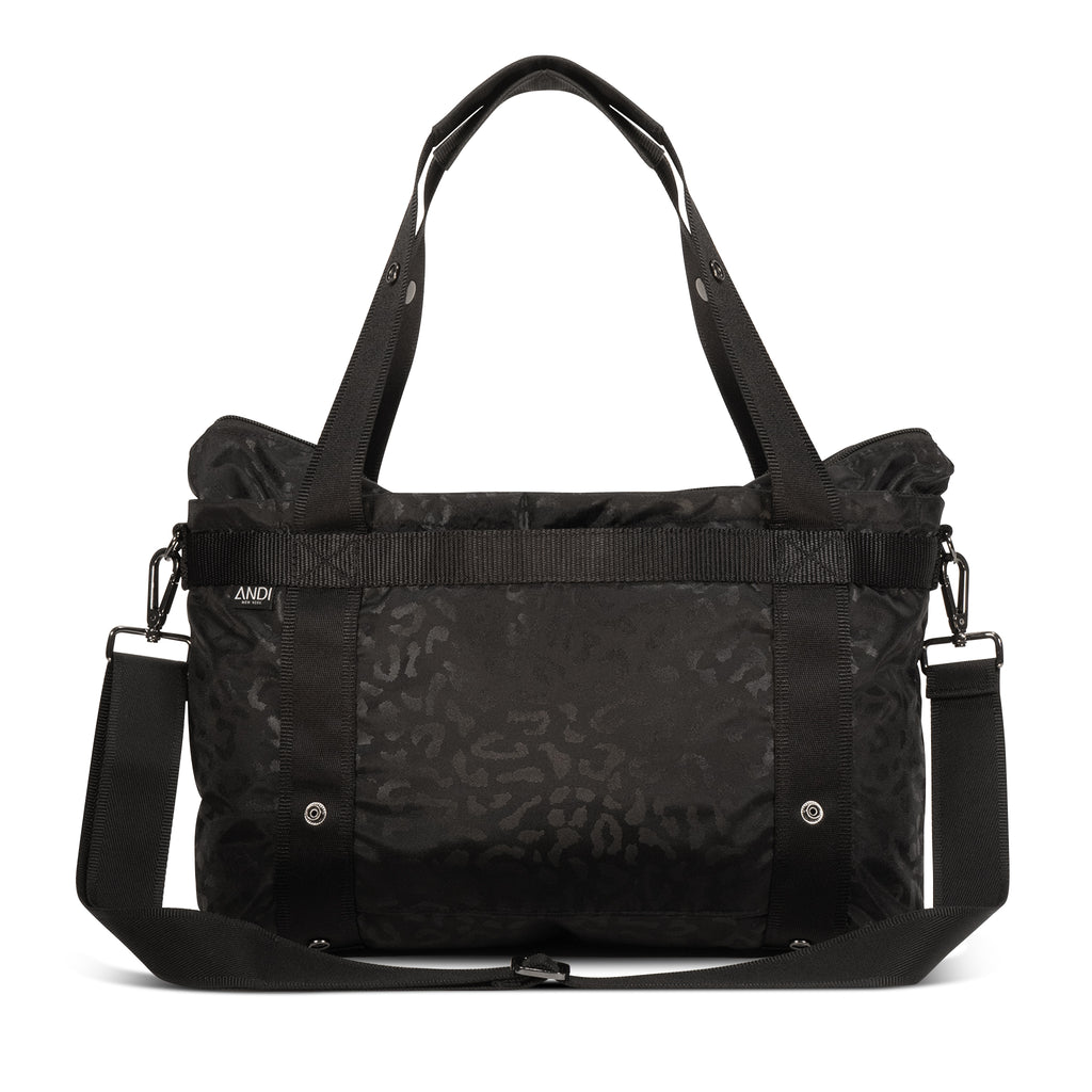 Water-resistant nylon crossbody tote that converts to backpack | ANDI Small | Black Leopard print