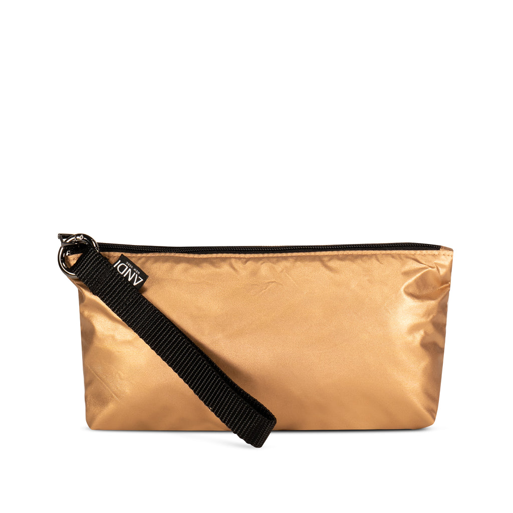Snap-out wristlet clutch of ANDI Small fashion tote in metallic rose gold color