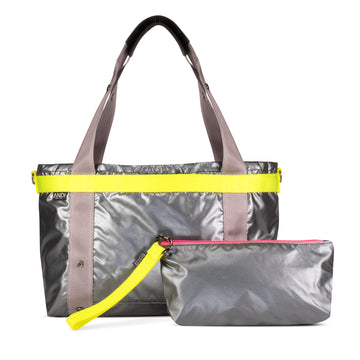 Convertible small nylon cross-body bag in metallic silver color | Hot pink | Neon Yellow | ANDI Brand