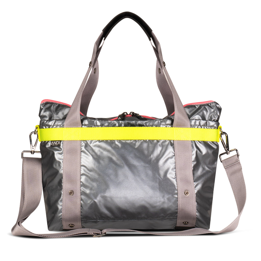 Metallic silver ANDI Small nylon shoulder bag that converts to backpack | Hot pink with neon yellow