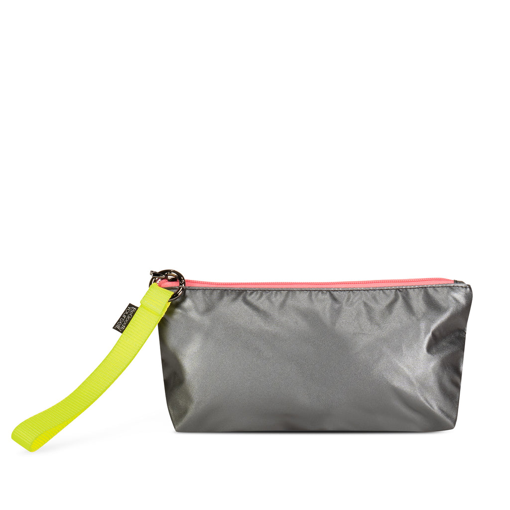Detachable wristlet pouch of ANDI Small convertible tote in metallic silver | Neon Yellow with hot pink
