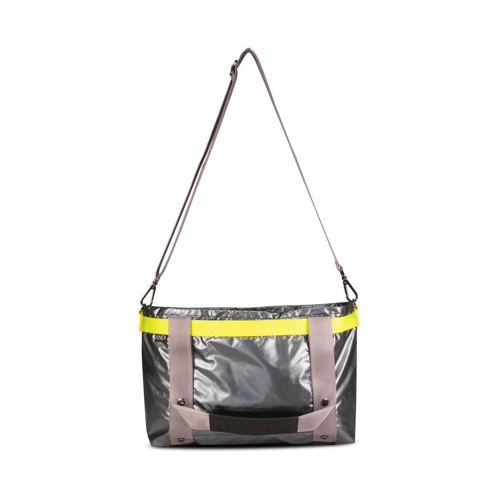 Convertible small cross-body tote for women | Backpack | Metallic silver with neon yellow | ANDI Brand