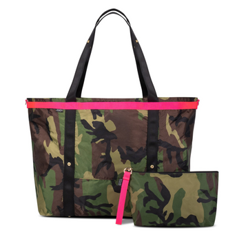 Extra large convertible travel bag in camo with hot pink trim | ANDI Brand