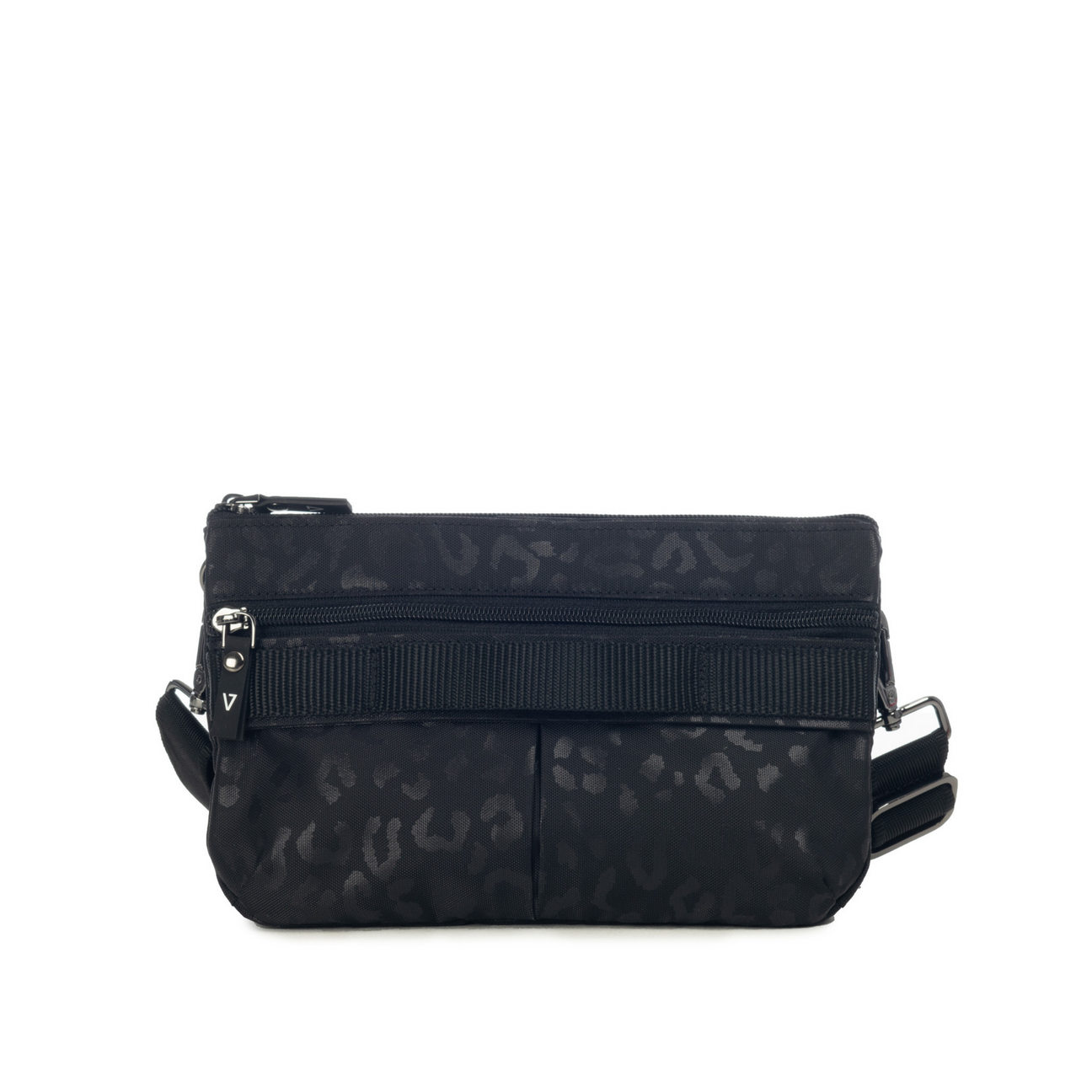 ANDI handheld convertible nylon purse in Black Leopard print with removable and adjustable straps