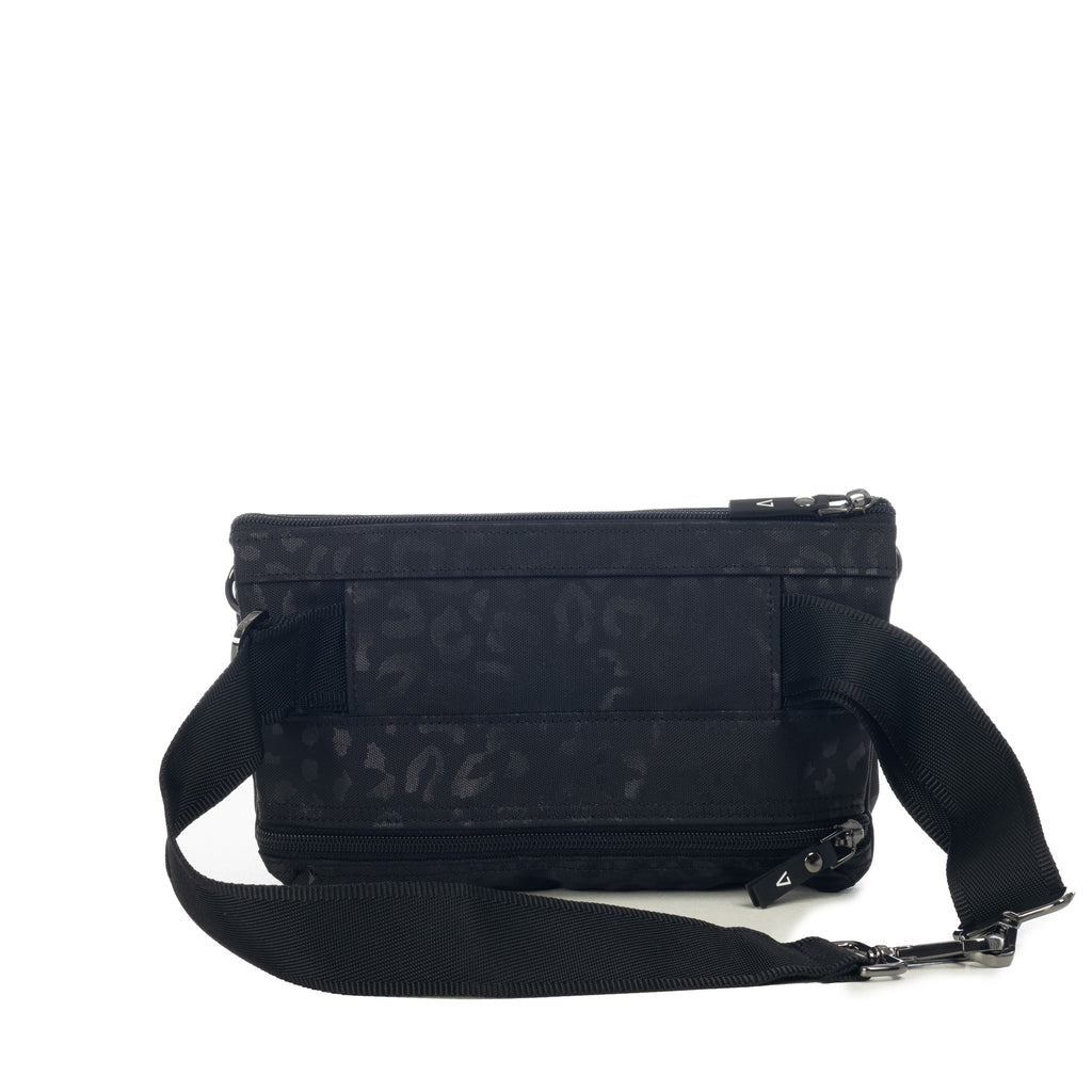 Back of ANDI black leopard convertible handheld purse that transforms to hip pack