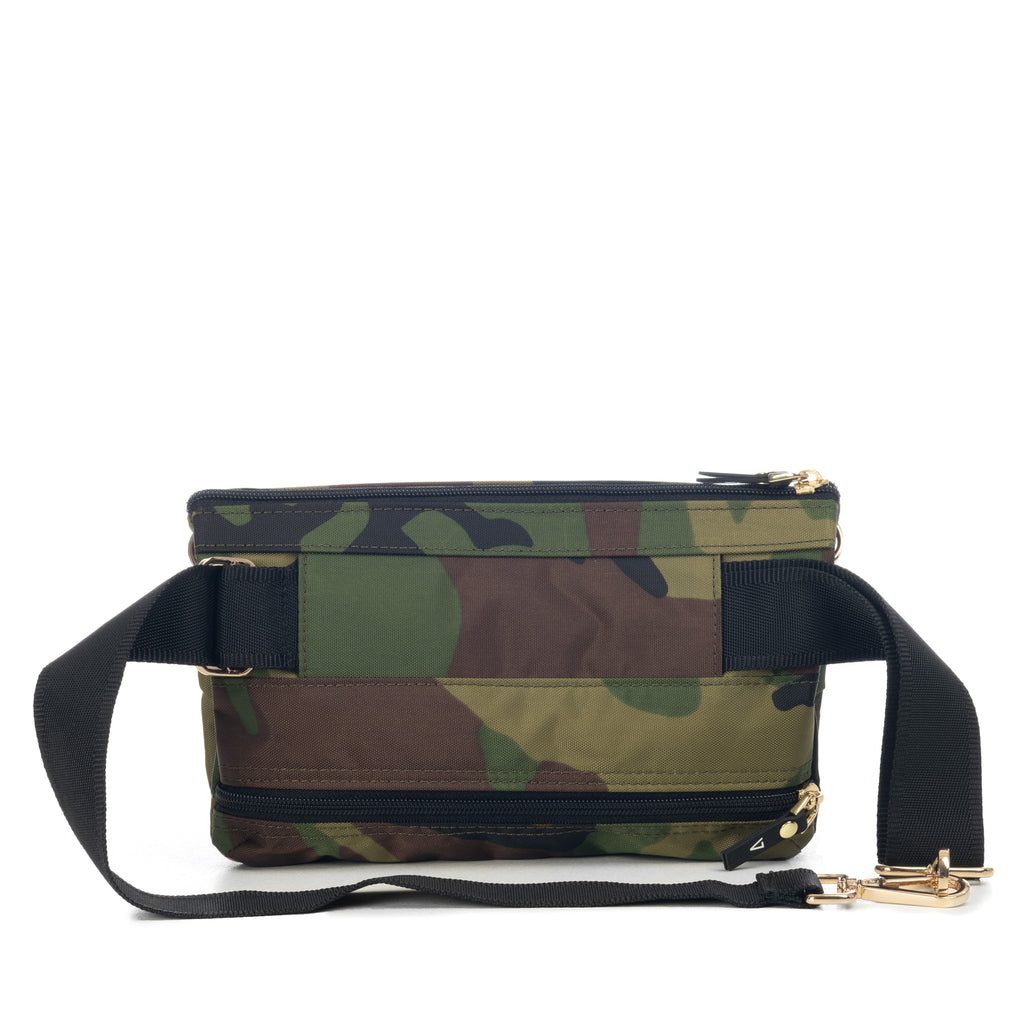 Back of ANDI camouflage crossbody belt bag that converts to fanny pack