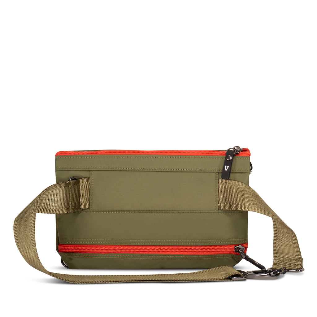 Back of ANDI nylon sage green belt bag that transforms to fanny pack