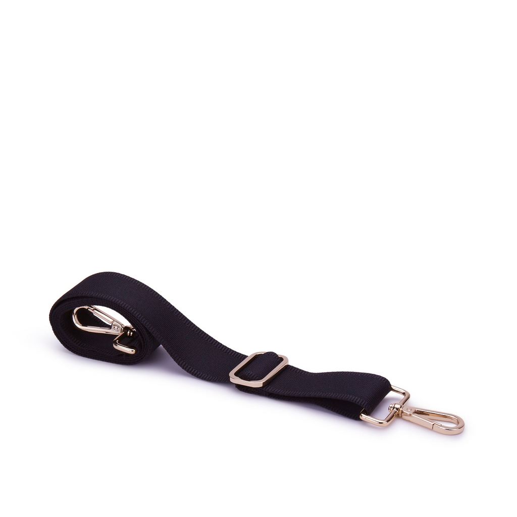 Black nylon adjustable detachable crossbody bag strap with gold hardware | ANDI Brand