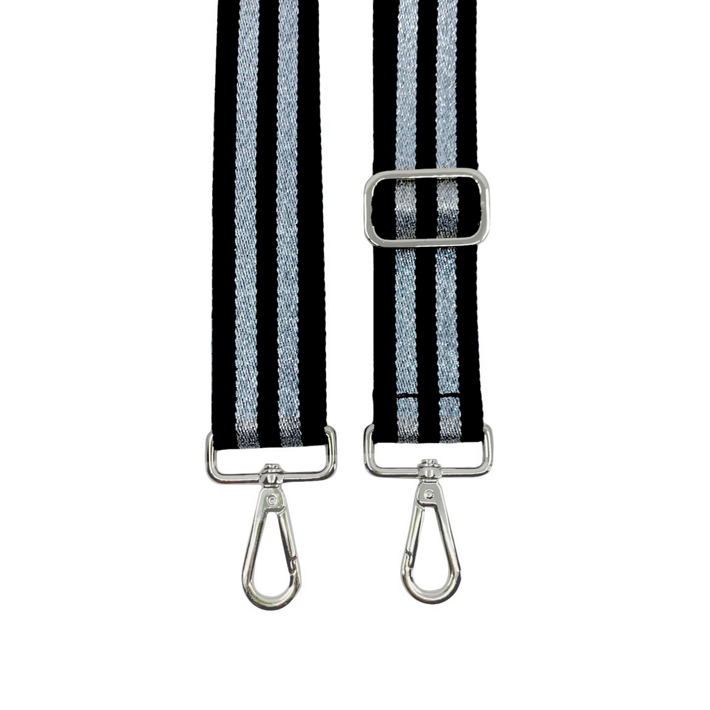Metallic silver stripes on black nylon strap for crossbody bags | Gold hardware | ANDI Brand