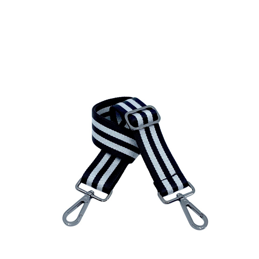 Comfortable nylon strap for crossbody | Black and silver stripes | Gunmetal hardware | ANDI