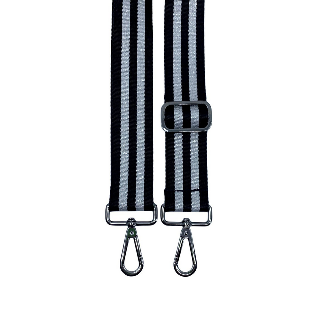 Durable nylon crossbody strap with gunmetal hardware | Black and metallic stripes | ANDI custom strap